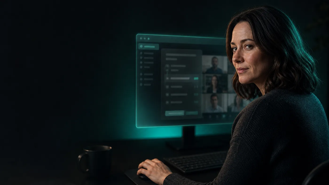 A woman at a dim desk with the Shadow Browser window glowing beside a video call on her monitor