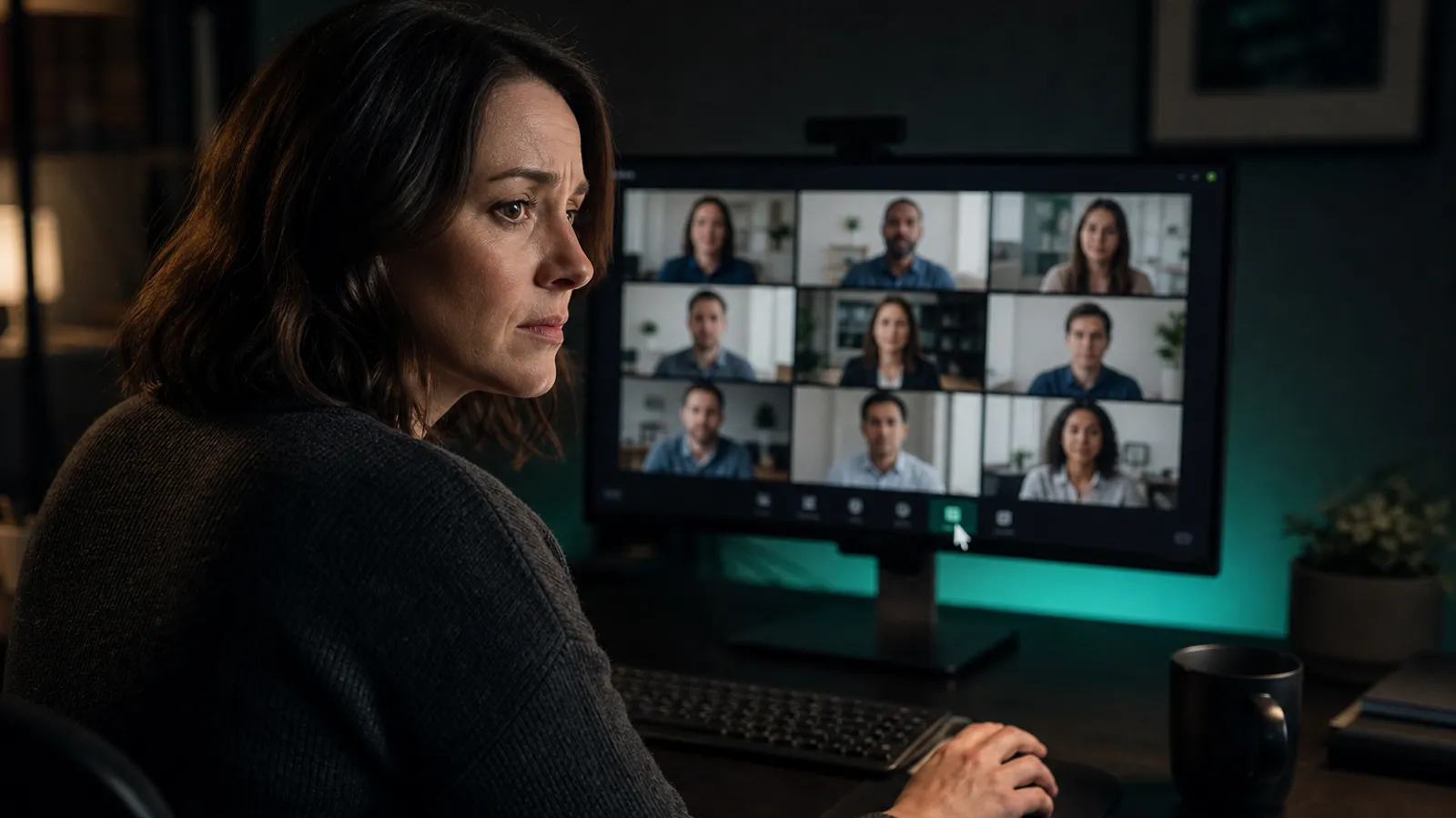 A woman about to share her screen on a video call, her whole desktop about to go with it
